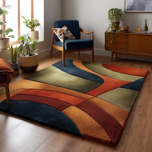 Mid Century Wavy Abstract Rug, Retro Geometric Pattern Carpet