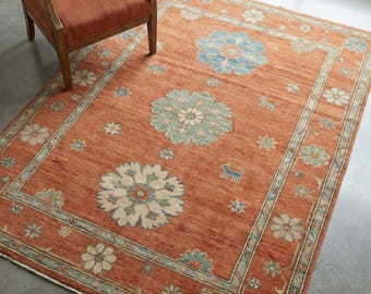 Tappeto Oushak annodato a mano, tappeto in lana color terracotta, ruggine e blu, tappeto turco moderno per soggiorno, arredamento per camera da letto in stile vintage e sobrio.