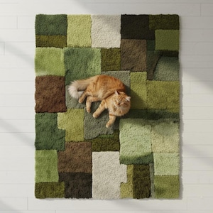 May include: A rectangular area rug with a patchwork design in shades of green, brown, and beige. An orange tabby cat is lying on the rug. The rug has a shaggy texture and is placed on a light-colored wooden floor.