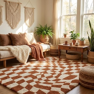 Retro geometric wavy checkerboard area rug used as statement living room floor decor