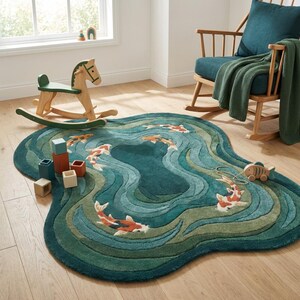 Decorative hand tufted wool carpet featuring koi fish motif suitable for Japandi and contemporary homes.