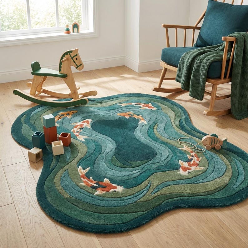Decorative hand tufted wool carpet featuring koi fish motif suitable for Japandi and contemporary homes.