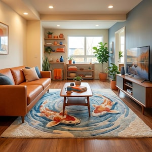 Soft wool round area rug featuring two koi fish in swirling water
