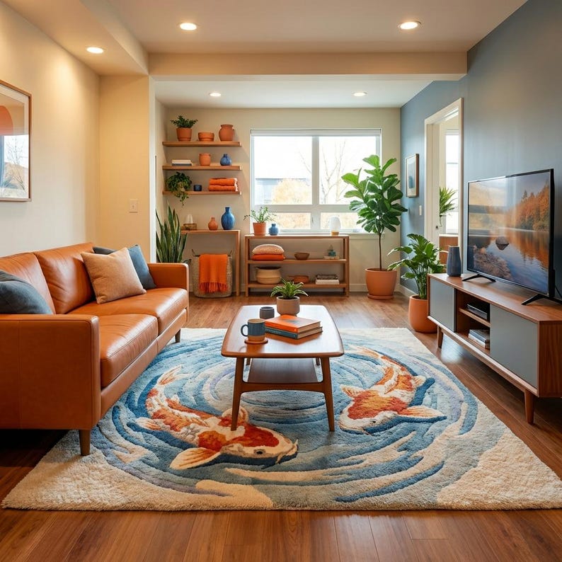 Soft wool round area rug featuring two koi fish in swirling water