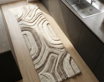 Alfombra de corredor neutra moderna, hecha a mano, de felpa, para cocina, pasillo, decoración abstracta con textura, entrada de casa