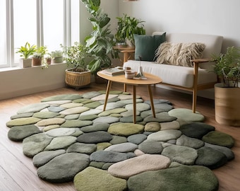 Handmade Wool Pebble Rug: 3D Stone Carpet, Biophilic Decor Teppich