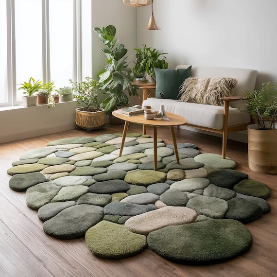 Handmade Wool Pebble Rug: 3D Stone Carpet, Biophilic Decor Teppich