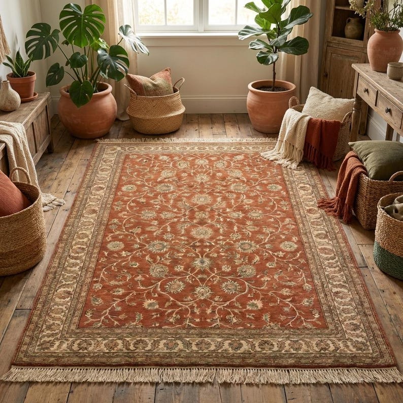 Traditional floral wool carpet with terracotta tones and detailed border design in elegant home interior