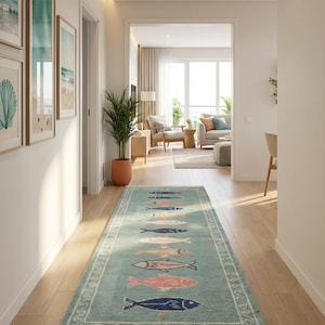 Long hallway runner rug hand knotted wool with decorative fish border and fringe edges