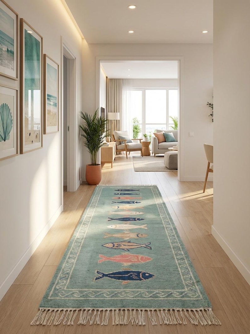 Long hallway runner rug hand knotted wool with decorative fish border and fringe edges
