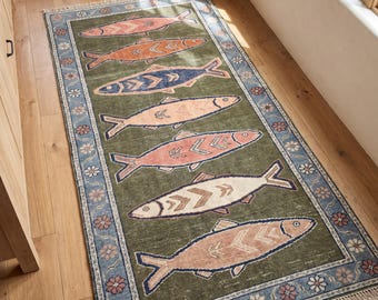 Fisch Handgeknüpfter Teppichläufer, Küsten-Volkskunst-Teppich, Vintage-Stil Flur Teppich, Nautisches Landhaus-Dekor
