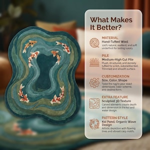 May include: A hand-tufted wool rug with a koi pond design. The rug features a 3D sculpted texture with carved elements, depicting koi fish swimming in a pond. The rug's colors include shades of teal, green, and orange. The rug is customizable in size, color, and shape.