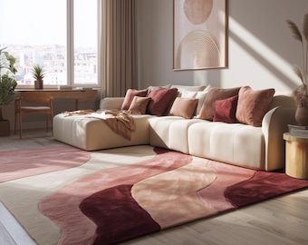 Tappeto astratto ondulato: decorazione d'effetto bordeaux, rosa cipria e crema, 9x12