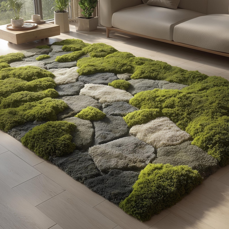 Hand tufted wool moss rug with 3D green texture