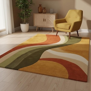 Abstract Wool Rug | Hand Tufted Sculptural Carpet | Retro Geometric 70s Style Rug | Organic Curves Modern Wool Area Rug | Mid Century Decor