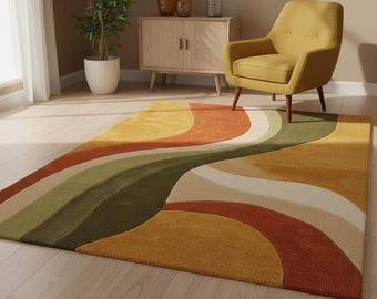 Abstract Wool Rug | Hand Tufted Sculptural Carpet | Retro Geometric 70s Style Rug | Organic Curves Modern Wool Area Rug | Mid Century Decor