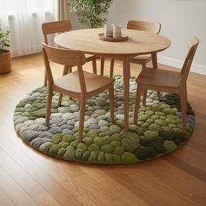 3D sculpted moss stone rug adding earthy style to a meditation space.