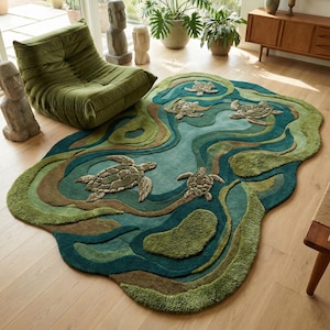 May include: A large, irregularly shaped rug with a sea turtle design. The rug features shades of green, blue, and brown, with raised turtle figures. The rug's design resembles a pond or ocean scene, adding a natural element to the room.