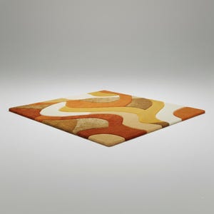 May include: A square rug with a retro design. The rug features a pattern of flowing, organic shapes in shades of orange, yellow, brown, and cream. The rug is made of a soft, textured material and is suitable for a living room or bedroom.