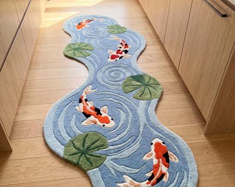 Tappeto da corridoio con pesci koi fatto a mano, tappeto a forma di stagno blu, tappeto da cucina moderno, decorazione artistica per zone con increspature d'acqua