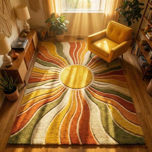 Tapete de lã boho com estampa de raio de sol para sala de estar de meados do século