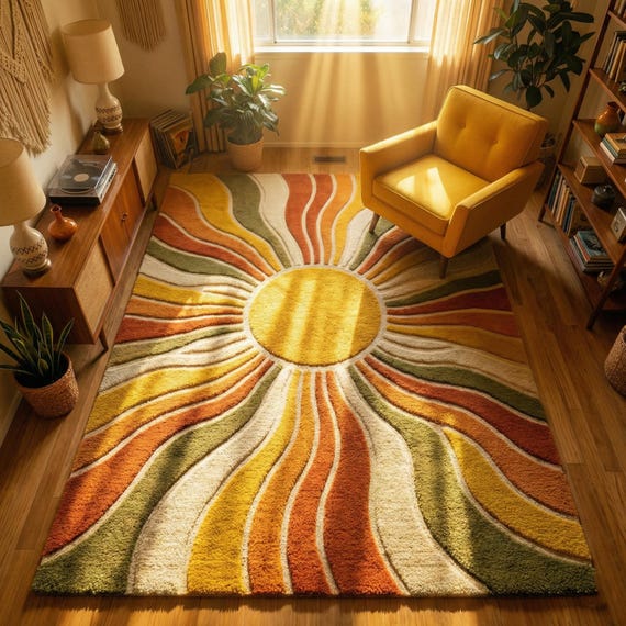 Hand Tufted Abstract Sunburst Rug, Modern Wool Area Carpet, Retro Colorful Living Room Rug, Boho Statement Home Decor