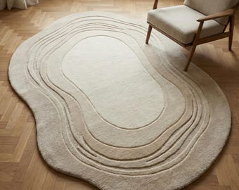 Irregular Shaped Neutral Modern Wool Area Rug for Living Room