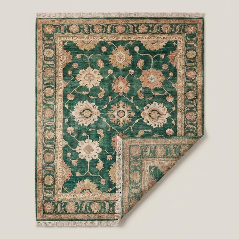 Vintage style green wool rug carpet with floral medallion motifs adding warmth and elegance to living room décor