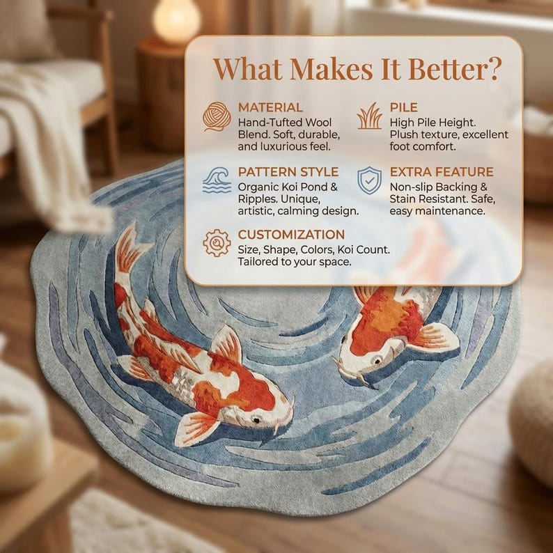 May include: A round, hand-tufted wool rug featuring a koi pond design. The rug has a blue and gray background with two orange and white koi fish. The rug's design includes ripples, and the text "What Makes It Better?" is visible.