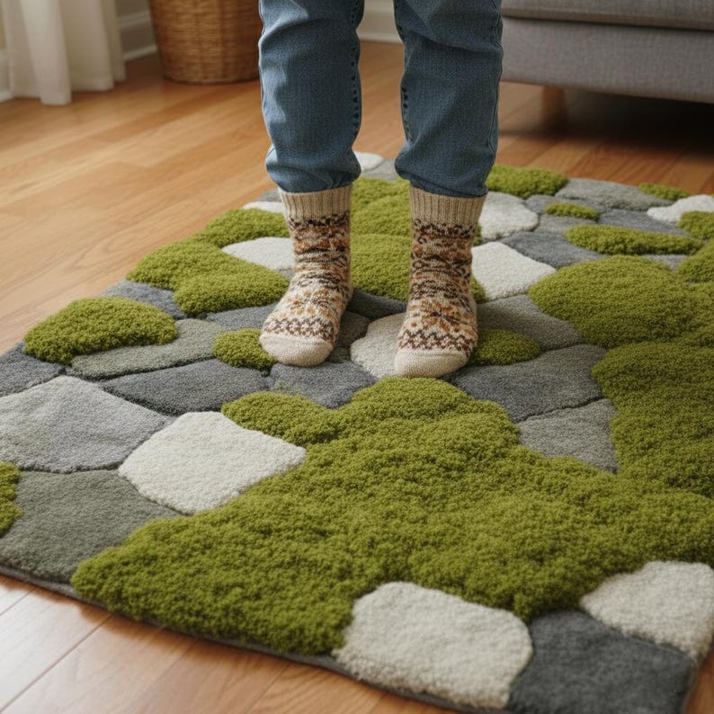May include: A rectangular rug with a stone and moss design. The rug features various shades of gray, white, and green, with a textured, tufted appearance. The rug is designed to resemble a natural landscape.