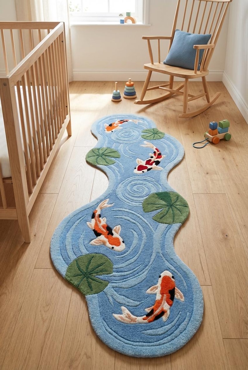 Puede incluir: Alfombra azul con forma de agua con peces koi y nen&uacute;fares. La alfombra tiene un fondo azul claro con un patr&oacute;n de agua arremolinada. Los peces koi son naranjas, negros y blancos. Hay nen&uacute;fares verdes dispersos.