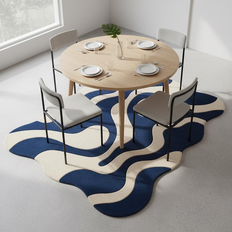Soft plush abstract rug with flowing blue and cream waves, perfect for modern living rooms and home décor setups.