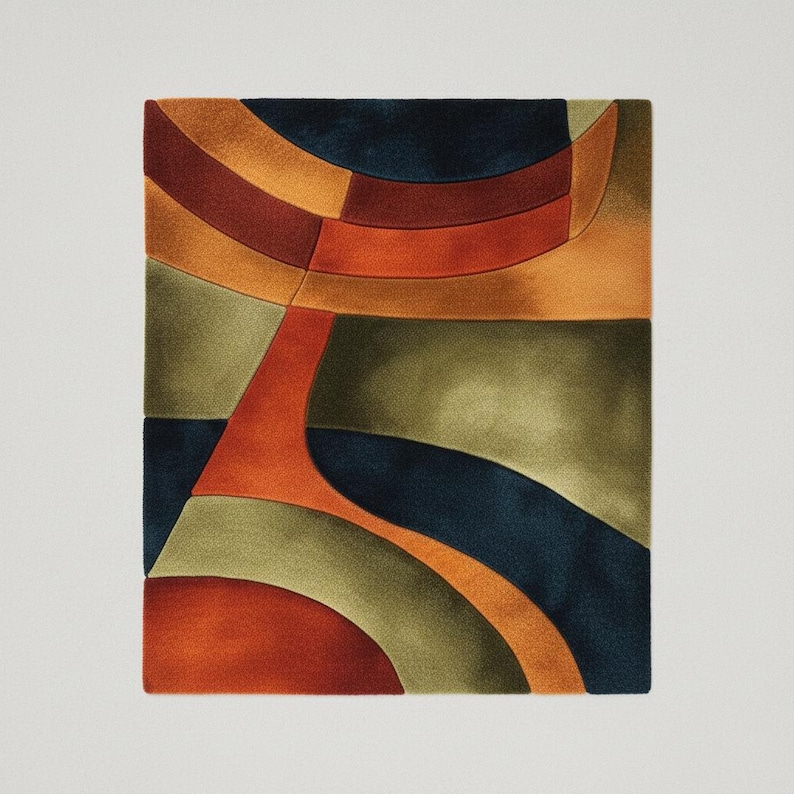 Mid century modern rug adding warmth to wooden floor and plants