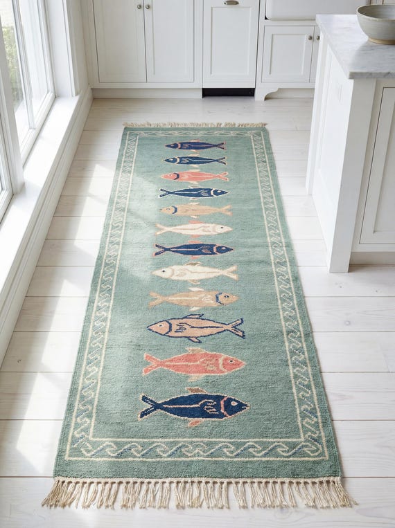 Hand Knotted Fish Runner Rug Coastal Wool Carpet Nautical Kitchen Hallway Handmade Area Rug Sea Green