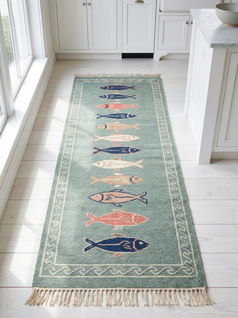 Hand knotted fish runner rug in sea green wool with colorful fish motifs for coastal kitchen and hallway décor