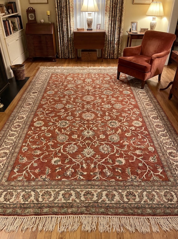 Hand Knotted Indo-Persian Style Rug Rust Floral Wool Carpet Vintage Oushak Area Rug Living Room Traditional Decor