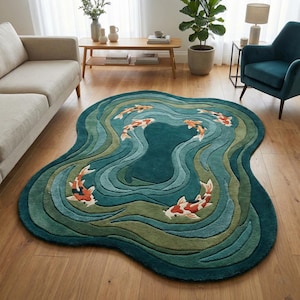 Modern hand tufted koi fish rug in teal and green wool with organic flowing shape placed in a bright living room.