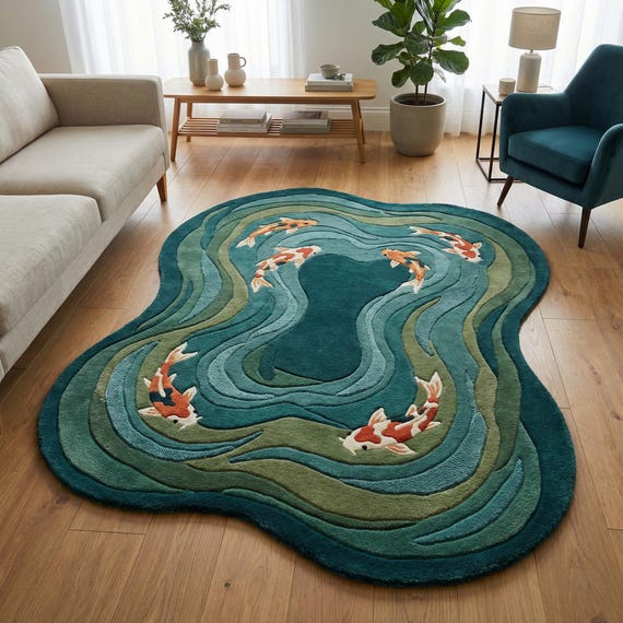 Modern Hand Tufted Koi Fish Rug, Organic Shape Wool Area Carpet