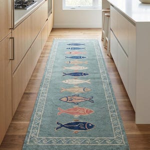 Artisan wool carpet runner featuring marine fish motifs ideal for kitchen, entryway, or coastal home styling