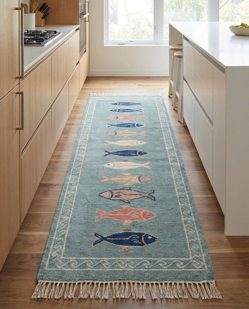 Artisan wool carpet runner featuring marine fish motifs ideal for kitchen, entryway, or coastal home styling