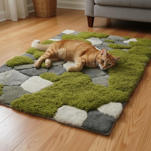 May include: A rectangular rug with a stone and moss design. The rug features gray, white, and green sections, with a textured, moss-like appearance in the green areas. An orange tabby cat is lying on the rug.