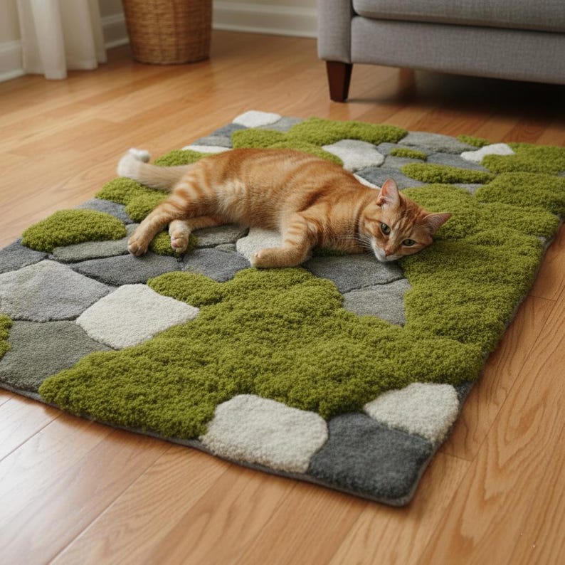 May include: A rectangular rug with a stone and moss design. The rug features gray, white, and green sections, with a textured, moss-like appearance in the green areas. An orange tabby cat is lying on the rug.