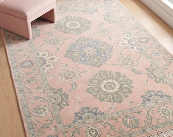 Tappeto rosa annodato a mano Oushak, tappeto floreale, tappeto in lana in stile vintage per l'arredamento della casa.