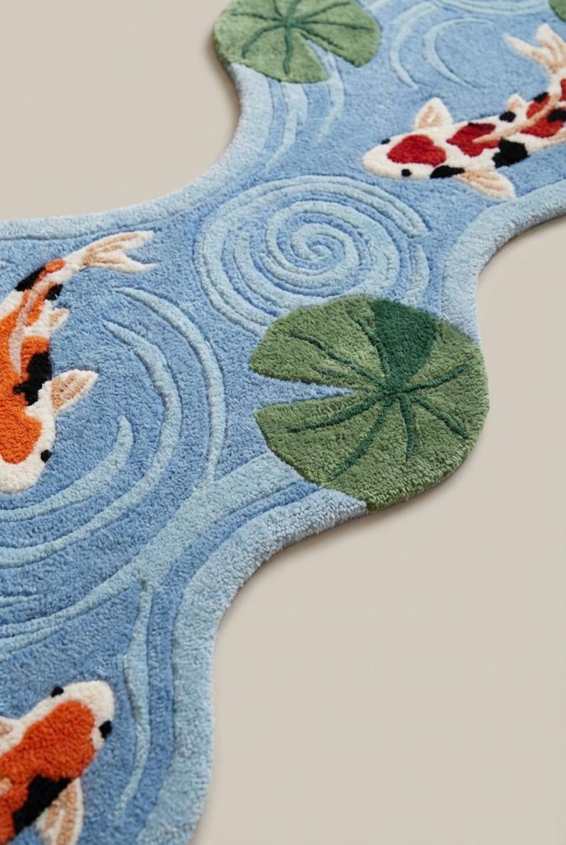 Puede incluir: Alfombra azul con forma de arroyo, con peces koi y nen&uacute;fares. Los peces koi tienen marcas naranjas, negras y blancas. La alfombra tiene un aspecto texturizado, con patrones de agua arremolinada y nen&uacute;fares verdes.