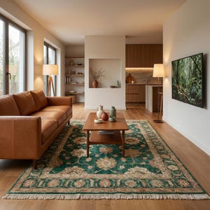 Persian inspired hand knotted carpet with intricate floral design and soft wool pile ideal for living and bedroom spaces