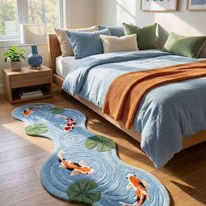 Puede incluir: Una alfombra azul con forma de arroyo, con peces koi y nen&uacute;fares. La alfombra tiene una superficie texturizada con patrones de agua arremolinada. Los peces koi son naranjas, negros y blancos. La alfombra est&aacute; sobre un suelo de madera.