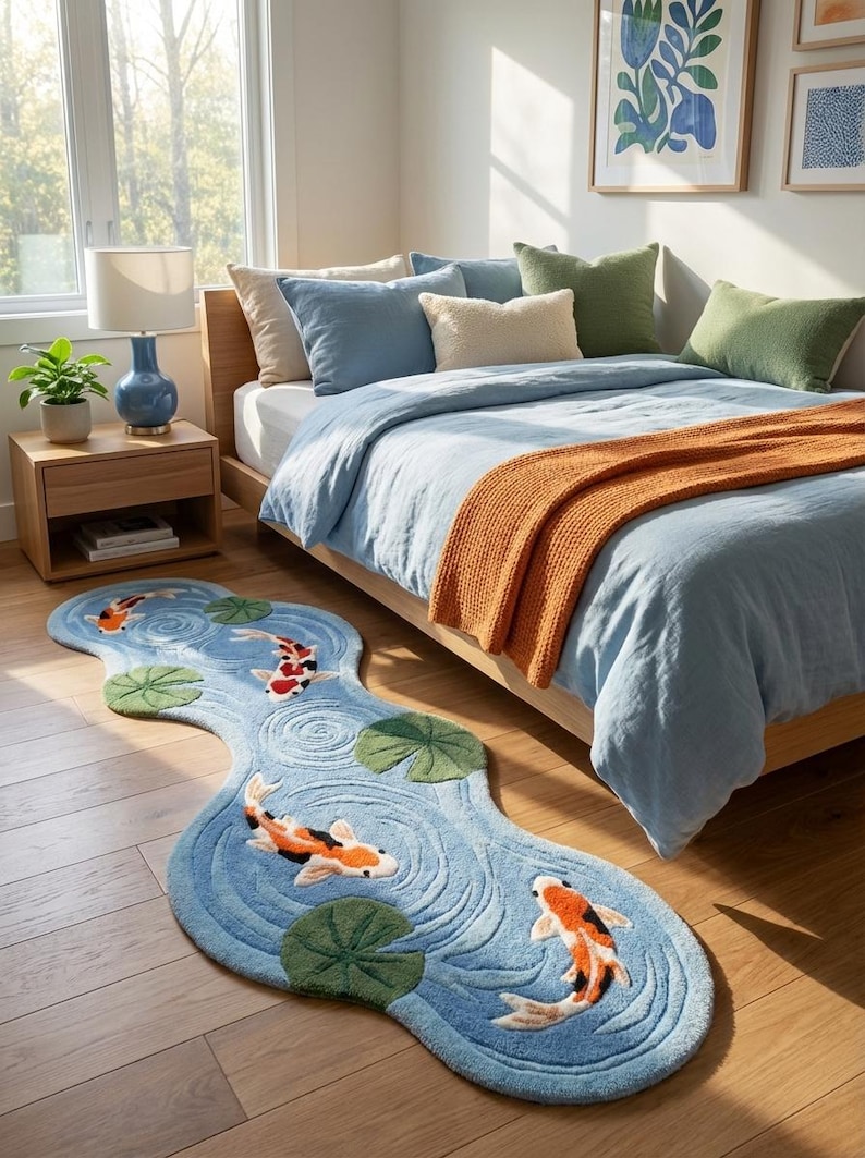 Puede incluir: Una alfombra azul con forma de arroyo, con peces koi y nen&uacute;fares. La alfombra tiene una superficie texturizada con patrones de agua arremolinada. Los peces koi son naranjas, negros y blancos. La alfombra est&aacute; sobre un suelo de madera.