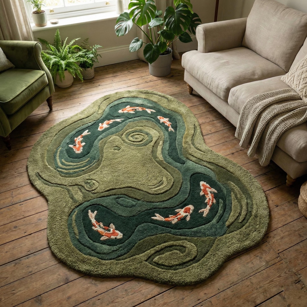 Koi Fish Pond Hand Tufted Rug, Irregular Wool Area Carpet - 3x5 ft / 91x152 cm