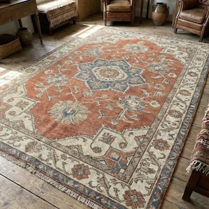 Hand Knotted Oushak Rug - Vintage Style Wool Area Rug in Muted Terracotta & Blue - Large Artisan Living Room or Bedroom Carpet
