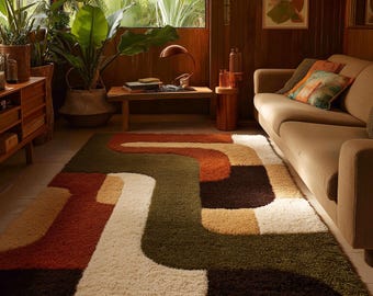 Tappeto moderno di metà secolo - Pelo morbido geometrico, terracotta e oliva